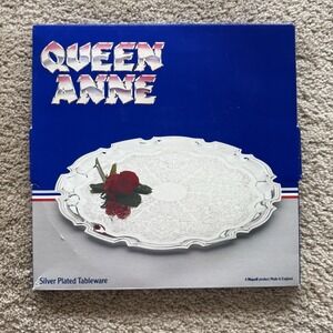 Queen Anne Silver Plated Floral Round Tray 12" Scalloped Edge England Box Vtg